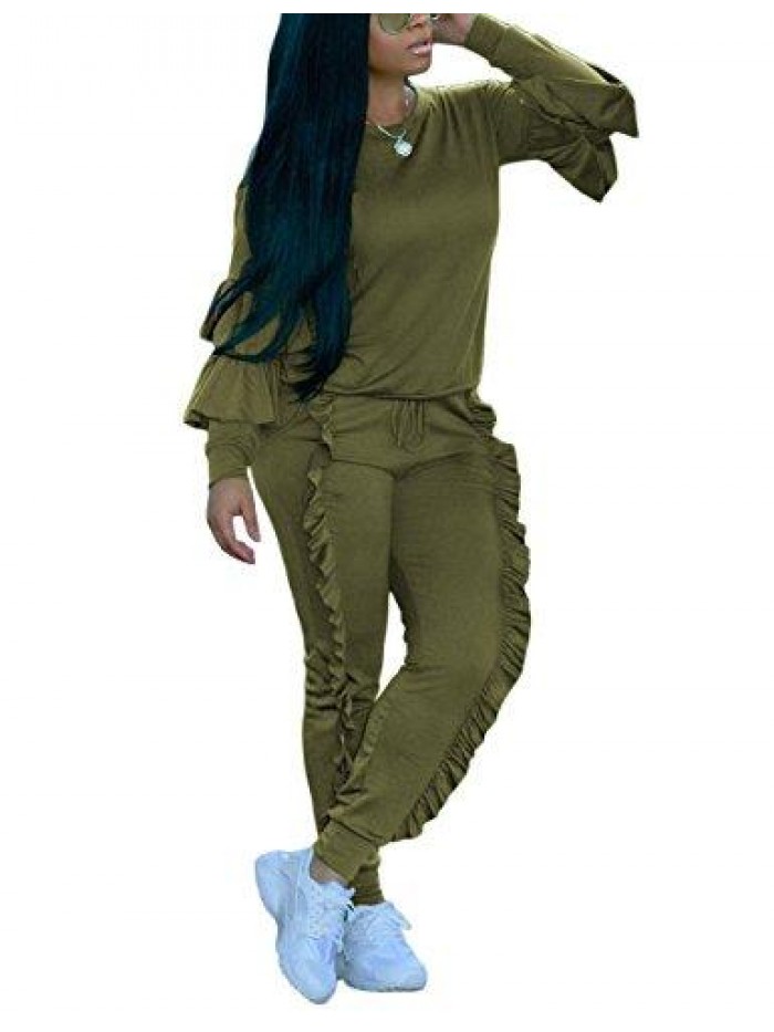 Women's Two Piece Outfits Ruffle Sleeve Sweatshirt and Long Pants Tracksuit Sets 