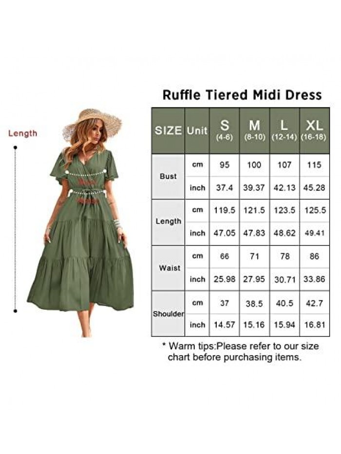 Women's Summer Wrap V Neck Ruffle Sleeve Tiered Midi Dress Tie Waist Flowy Long Beach Dress 