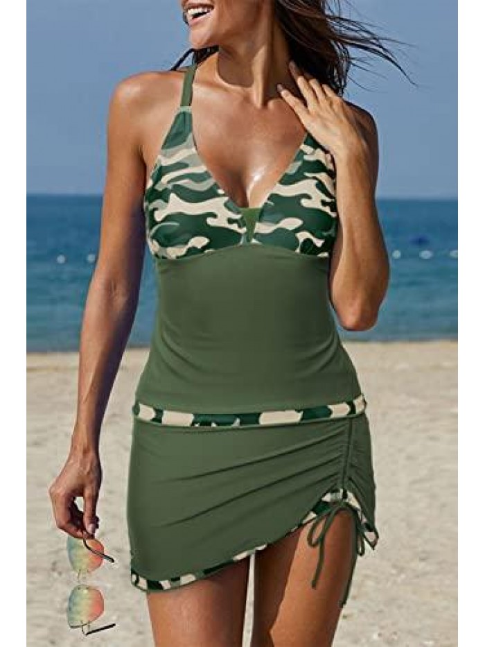 Sexy Tankini Swimsuits with Skirt 2 Piece Swimwear Color Block Bathing Suits for Women 