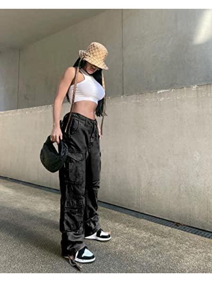 Aesthetic 90s Low Waist Pants Women Gothic Cargo Wide Leg Baggy Jeans Harajuku Streetwear Punk 