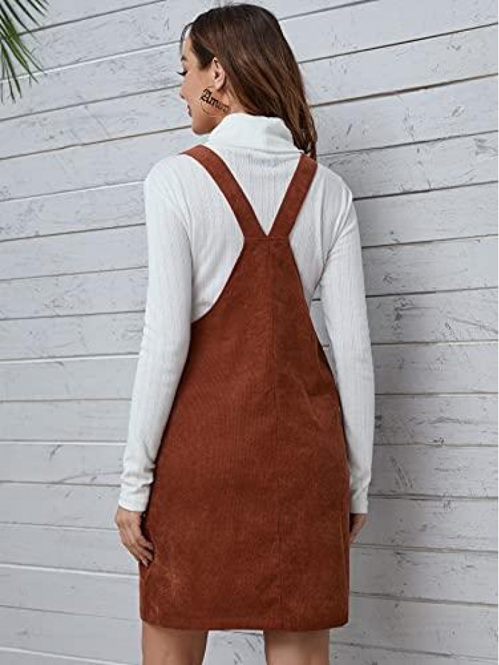 Women's Straps A-line Corduroy Pinafore Bib Pocket Overall Dress 