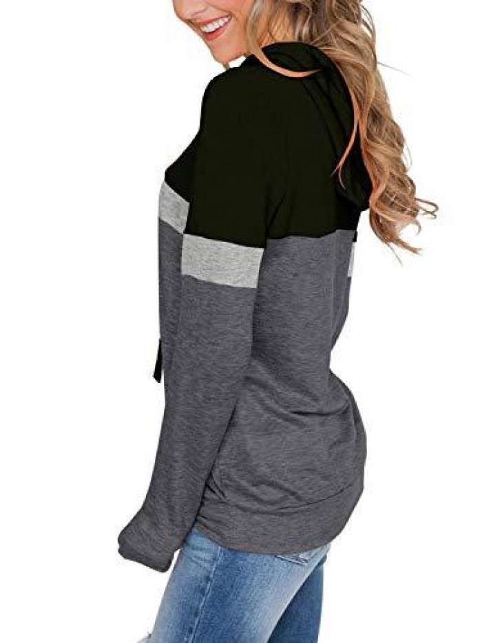 Women's Casual Color Block Hoodies Tops Long Sleeve Drawstring Pullover Sweatshirts with Pocket(S-XXL) 