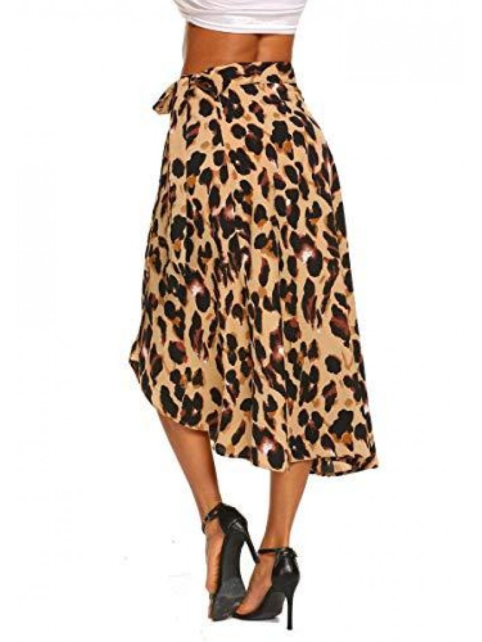 Women's Boho Leopard Skirt High Low Split Summer Beach Midi Wrap Skirts 