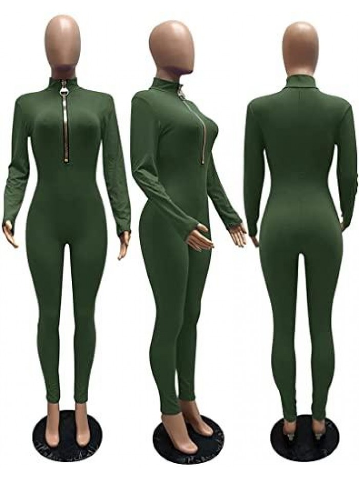 Jumpsuits for Women Sexy Bodycon Long Sleeve V Neck Rich Hold Zipper One Piece Outfits 