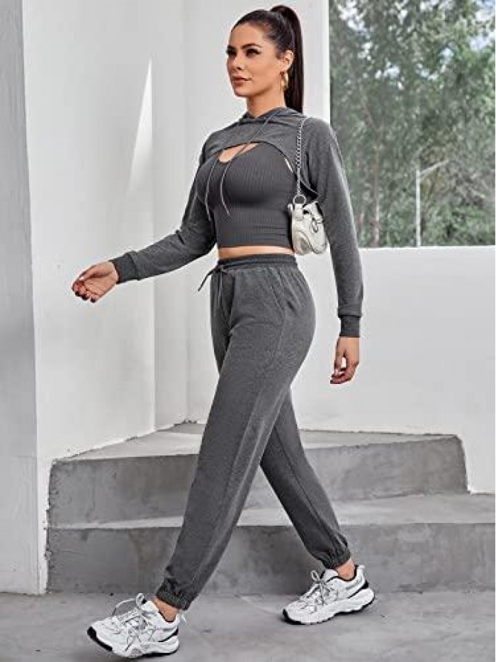 3 Piece Outfits for Women 2 Piece Workout Outfit Long Sleeve Crop Hoodies with Tank Top Loungewear Jogger Set Pockets 