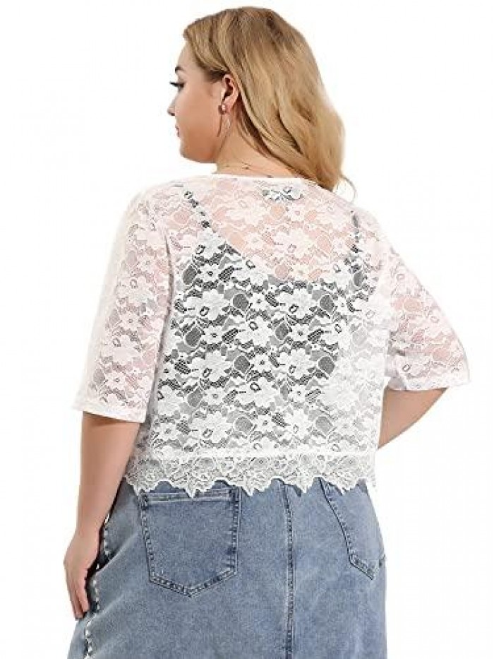 Orinda Plus Size Shrug Top for Women 1/2 Sleeve Floral Lace Kimono Open Front Sheer Shrug Tops Valentine Day 