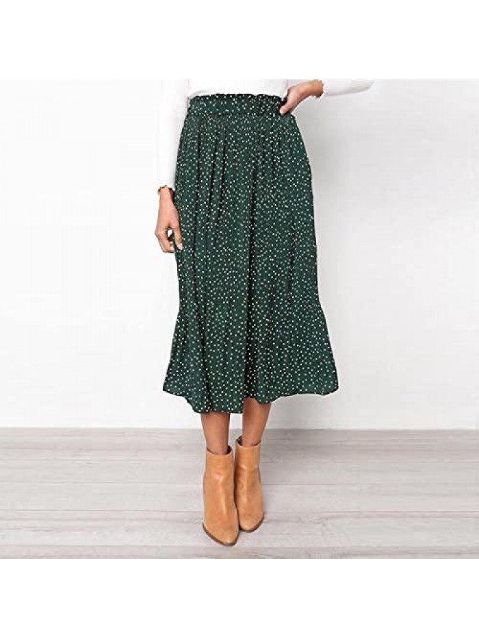 High Elastic Waist Polka Dot Pleated Skirt Midi Swing Chiffon Boho Skirt with Pockets 