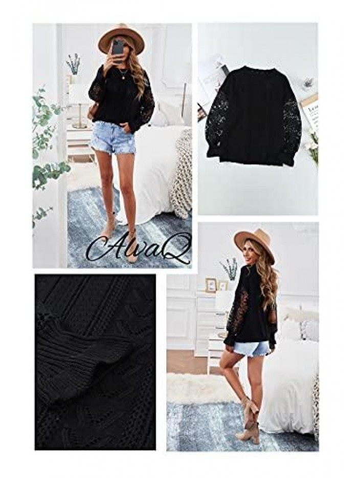 Women Lace Crochet Long Sleeve Crewneck Sweaters Winter Knit Pullover Jumper Tops 