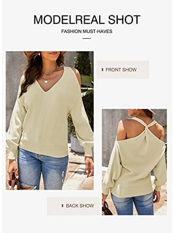 Criss Cross V Back Sweaters for Women Long Sleeve Crewneck Knitted Pullover Casual Loose Jumper Tops 