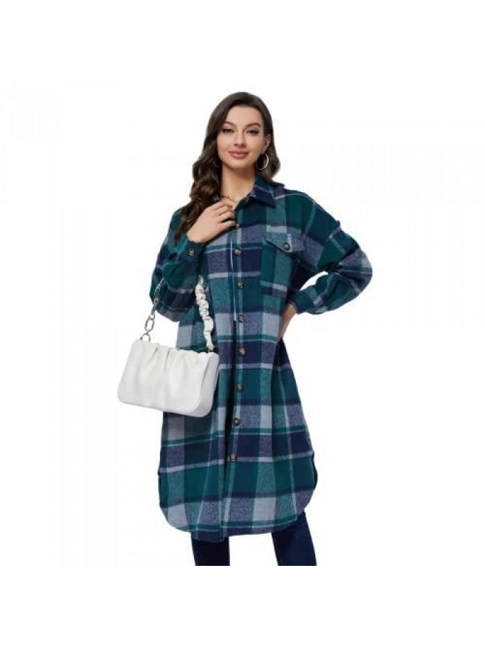 Womens Long Plaid Shacket Jacket Casual Fashion Lapel Button Down Long Sleeve Long Plaid Coat with Pockets 