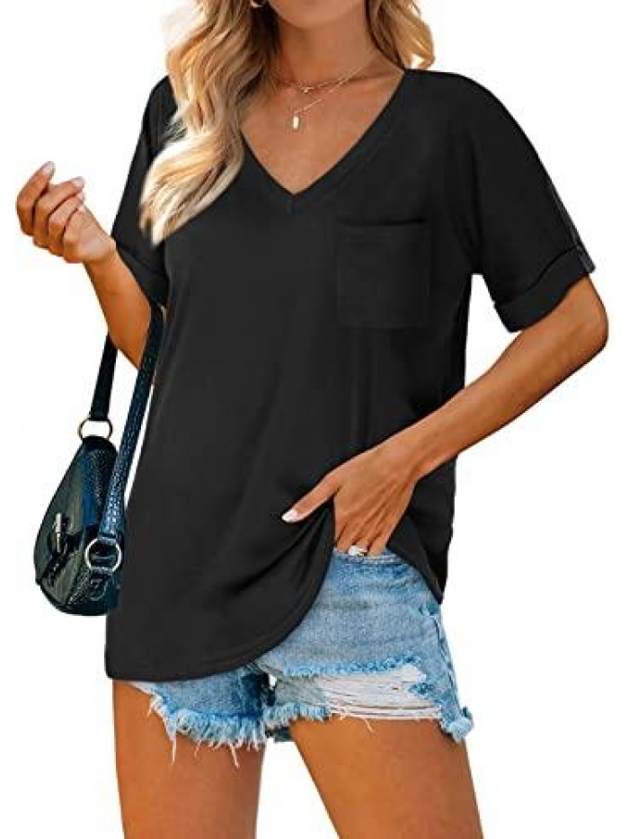 Womens V Neck Rolled Short Sleeve T Shirts Casual Summer Tops Tshirts with Pocket 