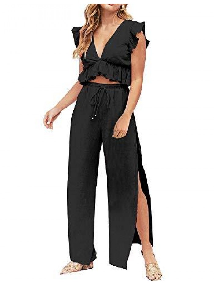 Womens 2 Pieces Outfits Deep V Neck Crop Top Side Slit Drawstring Wide Leg Pants Set Jumpsuits 