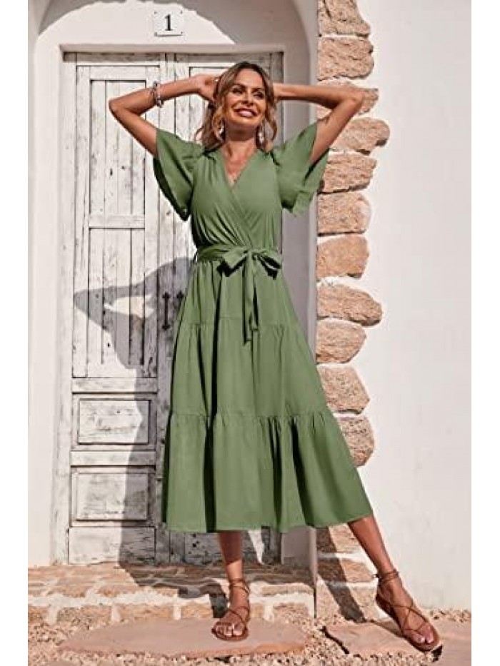 Women's Summer Wrap V Neck Ruffle Sleeve Tiered Midi Dress Tie Waist Flowy Long Beach Dress 