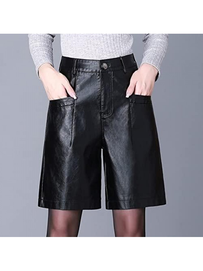 Fashion PU Leather Shorts Women's Autumn Winter High Waist Loose Five Points Leather Trouser Plus Size Shorts 