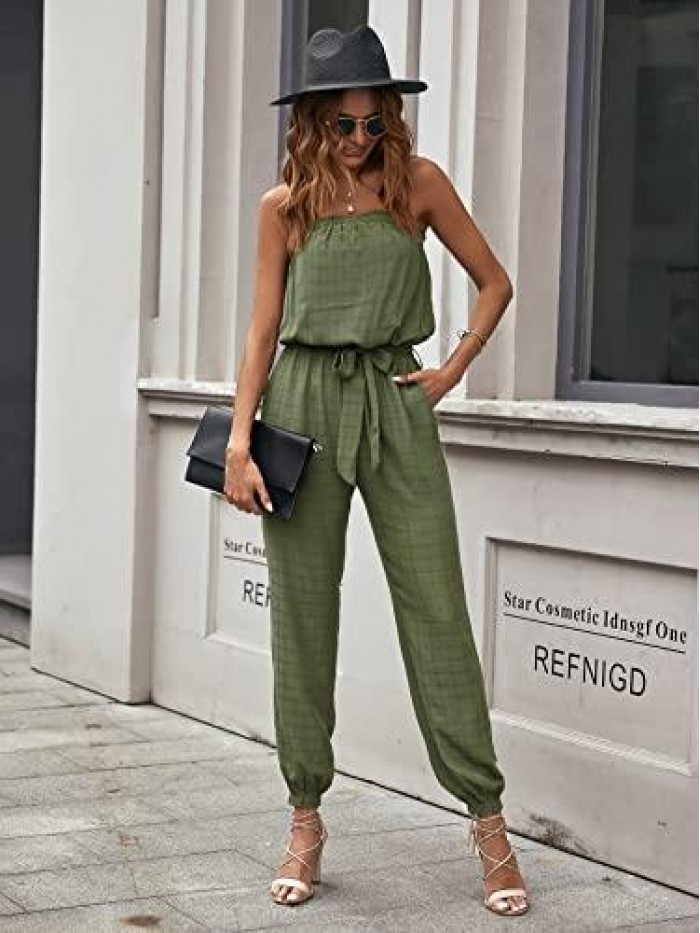 Women's Summer Casual Jumpsuits Off Shoulder Elastic Waist Belted One Piece Beam Foot Long Rompers With Pockets 