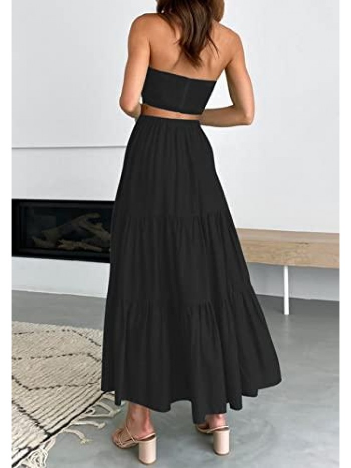 Women's Boho Elastic High Waist Ruffle A Line Swing Beach Long Maxi Skirt with Pockets 