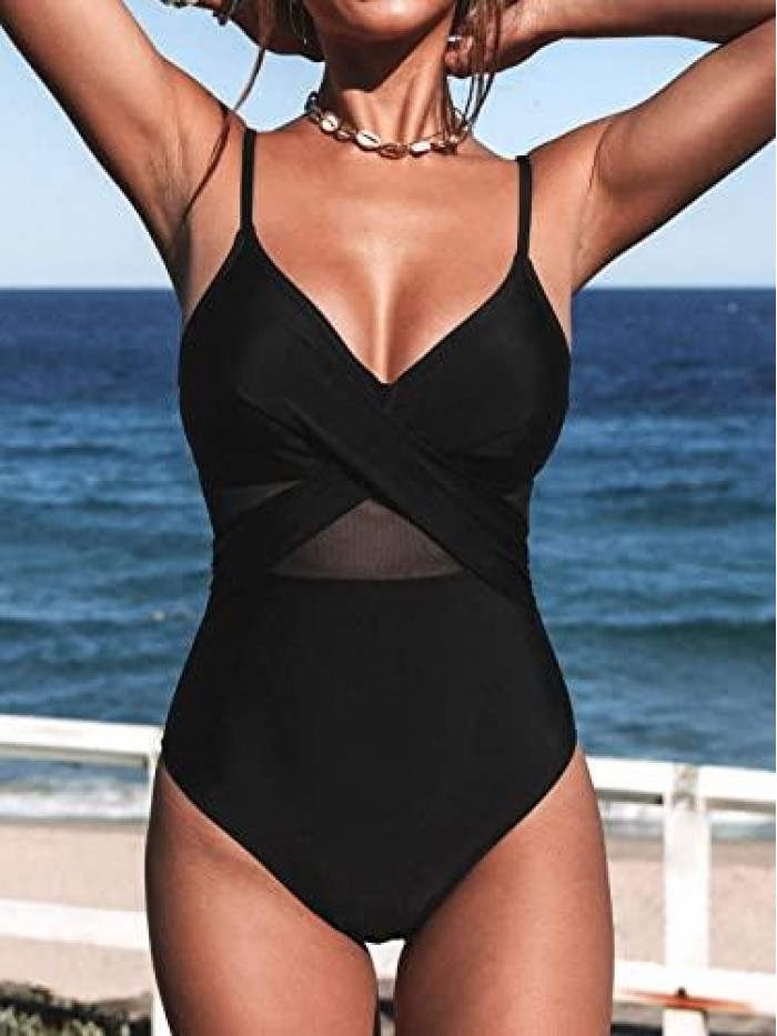 Women V Neck One Piece Swimsuit Wrapped Mesh Tummy Control Bathing Suit with Adjustable Spaghetti Straps 