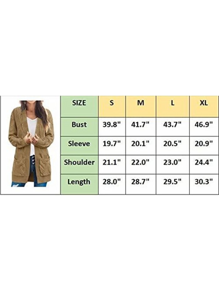 Womens Long Sleeve Cable Knit Cardigan Sweater Casual Loose Open Front Outwear with Pockets 