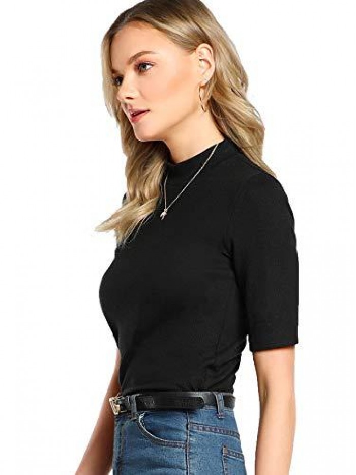 Women's Mock Neck Half Sleeve Slim Fit Ribbed Knit Tee T-Shirts 