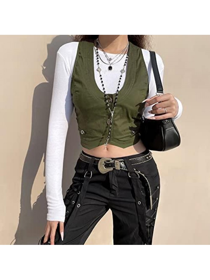 Punk Cowgirls Vest Slim Fit Halter Push V-Neck Tuxedo Waistcoats Suits Versatile Vest Vintgae Y2K Streetwear 