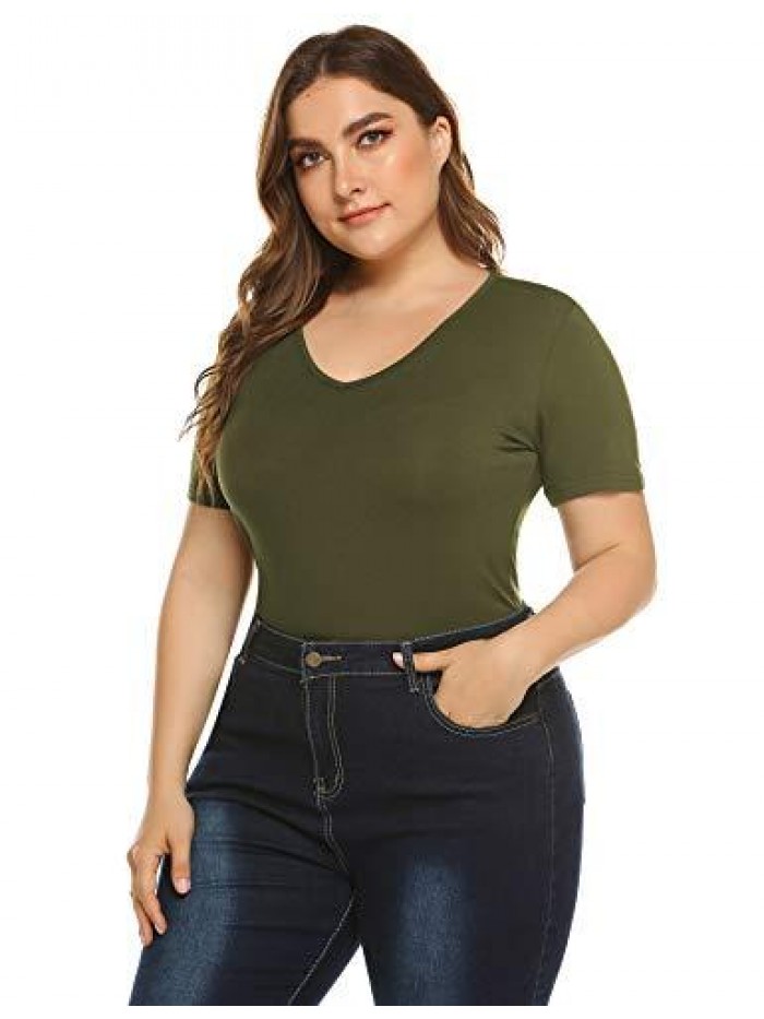 Women's Bodysuit Plus Size Short Sleeve Scoop Neck Bodysuit Basic Top T Shirt Leotards Jumpsuits 