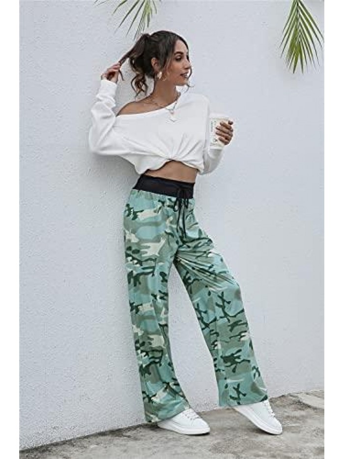 Comfy Casual Elk Print High Waist Drawstring Pajama Pants Casual Loose Wide Leg Pants Sweatpants Trousers 