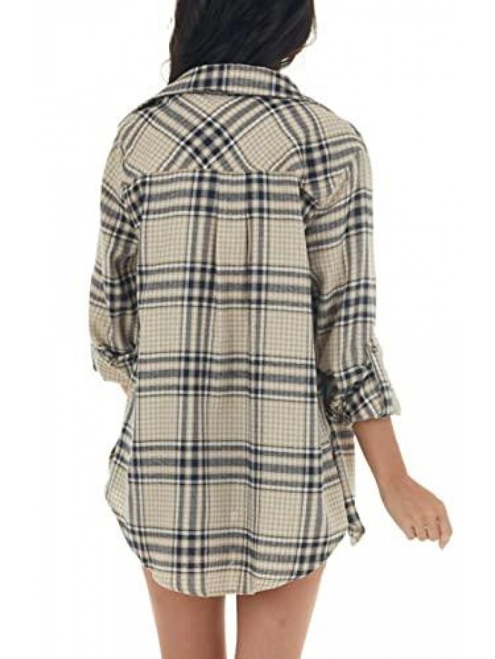 Womens Casual Plaid Soft Button Down Tops Roll Up Long Sleeve Cuffed Blouse Shirts 