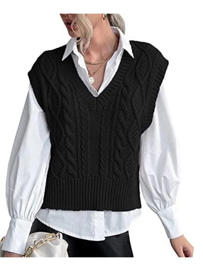 V Neck Sleeveless Crop Sweater Vest Cable Knitted Side Slit Pullover Jumper Tops 