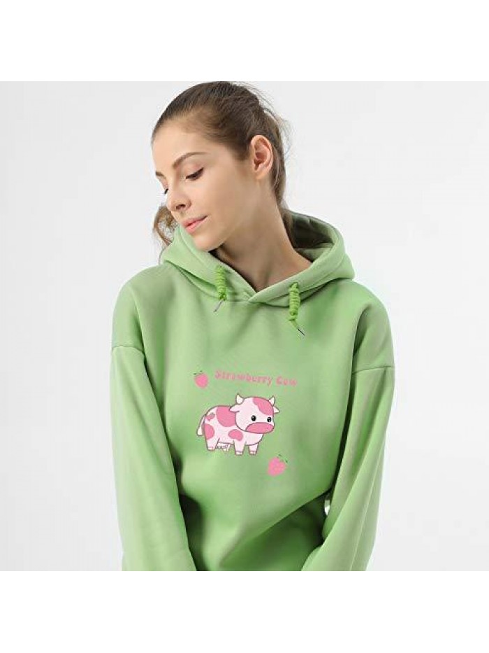 Sweatshirts for Women Cute Strawberry Cow Print Hoodie Casual Fuzzy Top 