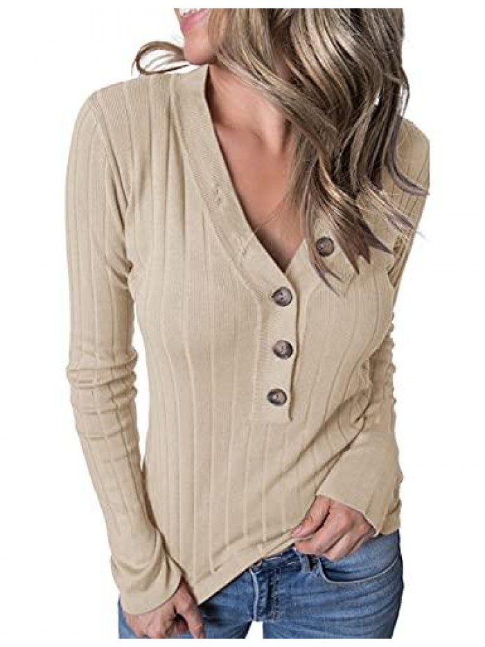 Women's Long Sleeve V Neck Ribbed Button Knit Sweater Solid Color Tops 