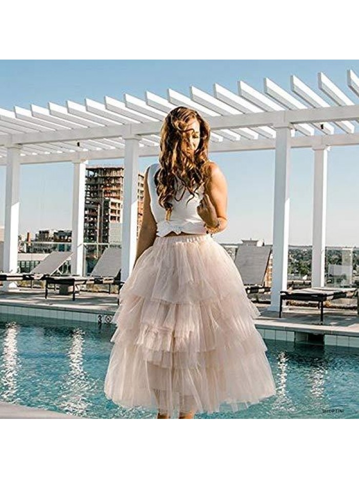 Women's Nude Pink/Black Tiered Layered Mesh Ballet Prom Party Tulle Tutu A-line Midi Skirt 