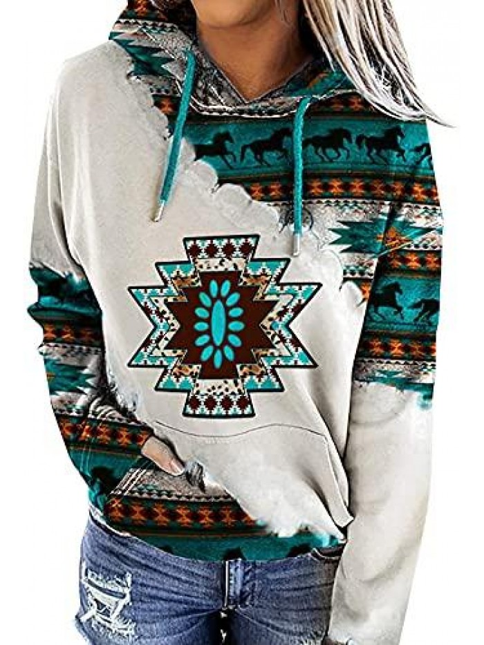 Aztec Hoodie Geometric Print Long Sleeve Shirt Cute Western T Shirt Horse Pullover Cowgirl Sweatshirts with Pockets 