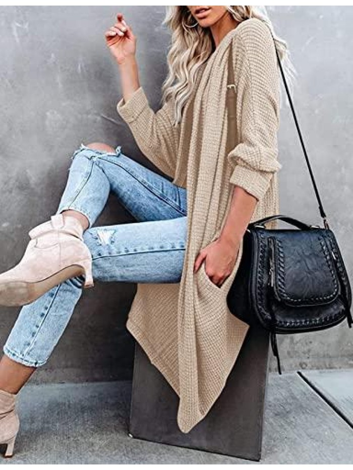 Women's Waffle Knit Batwing Long Sleeve Cardigan Loose Open Front Sweater Coat 