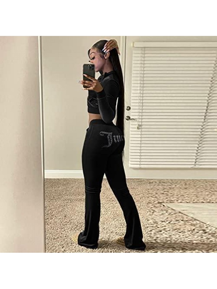 Velour Tracksuit Sets Zipper Crop Hoodies Pants Y2k Two Piece Sweatsuits Outfits 