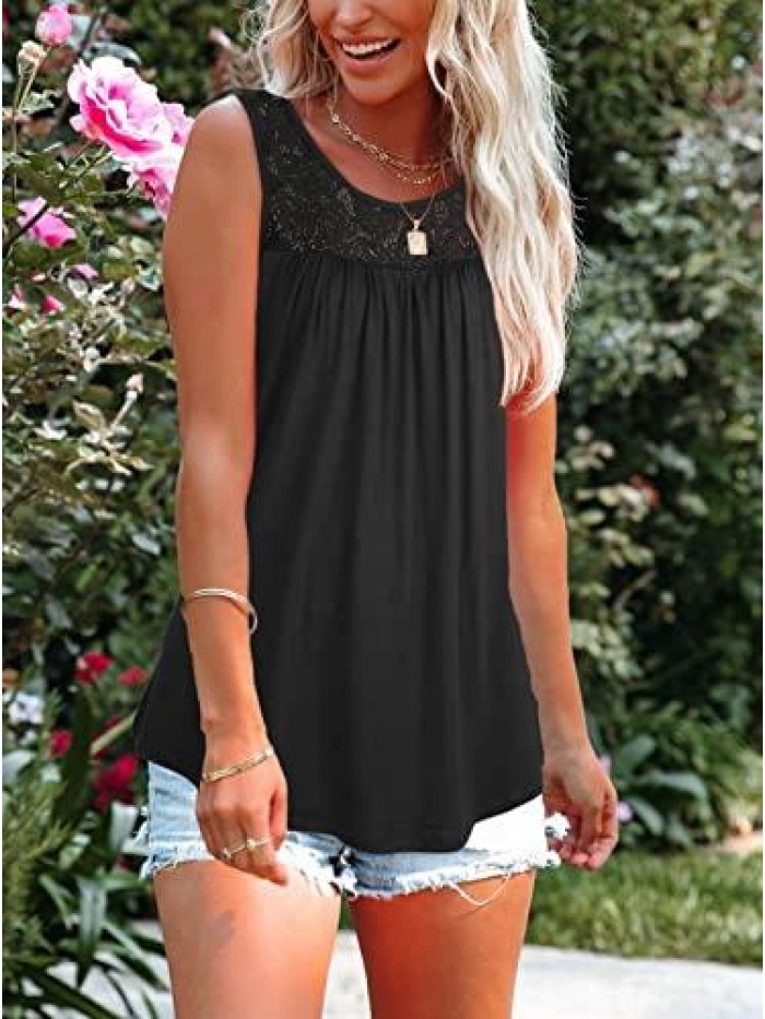 Women Summer Lace Pleated Flowy Tank Tops Loose Casual Sleeveless Tunic Blouse Shirts 