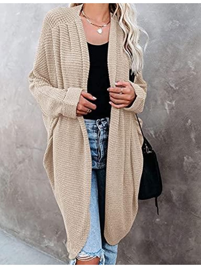 Women's Waffle Knit Batwing Long Sleeve Cardigan Loose Open Front Sweater Coat 