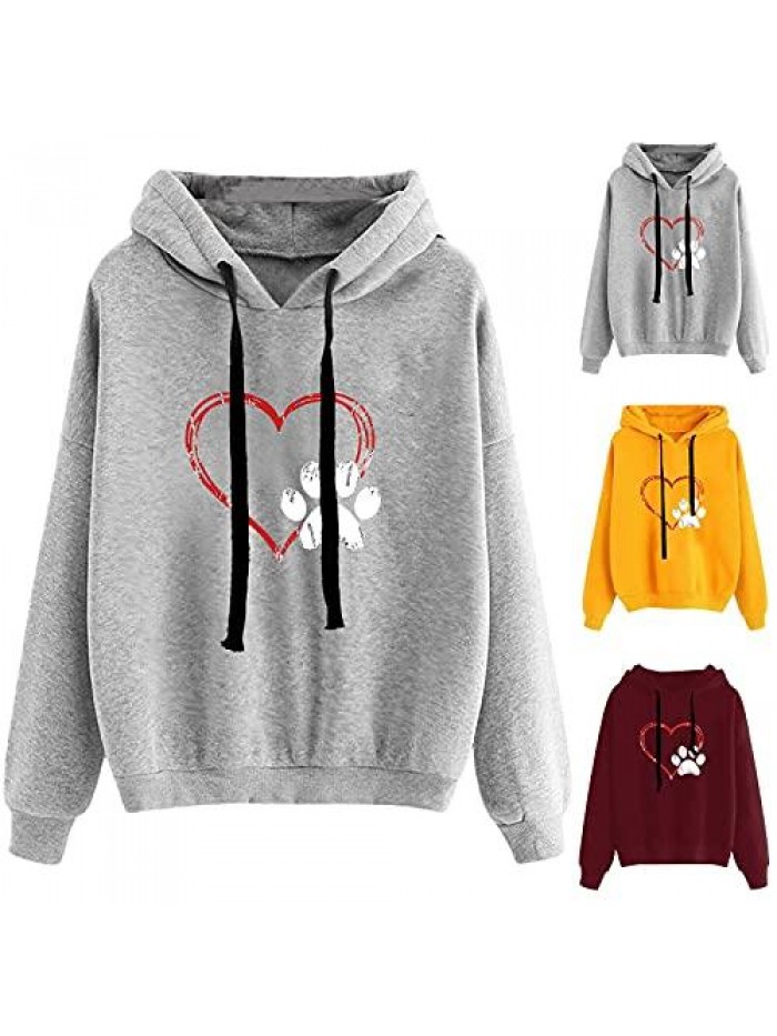 Sweatshirts for Women Heart Dog Paw Print Hoodies Long Sleeve Drawstring Pullover Sprint Athletic Tops 