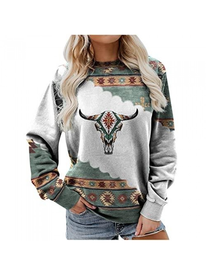 Sleeve Shirts for Women Western Aztec Ethnic Print Lightweight Sweatshirt Round Neck Long Sleeve T Shirt Casual Top 