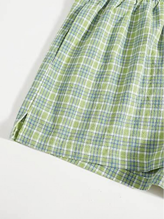 Women's Casual Plaid Split Hem Elastic High Waist Wide Leg Summer Shorts 