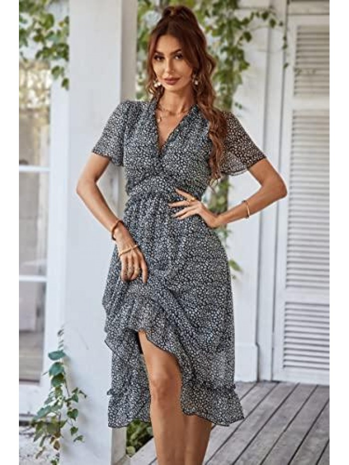 Women's Summer Casual Ruffle Short Sleeve Deep V Neck Boho Floral Print Midi Dress Flowy Chiffon A Line Long Dress 