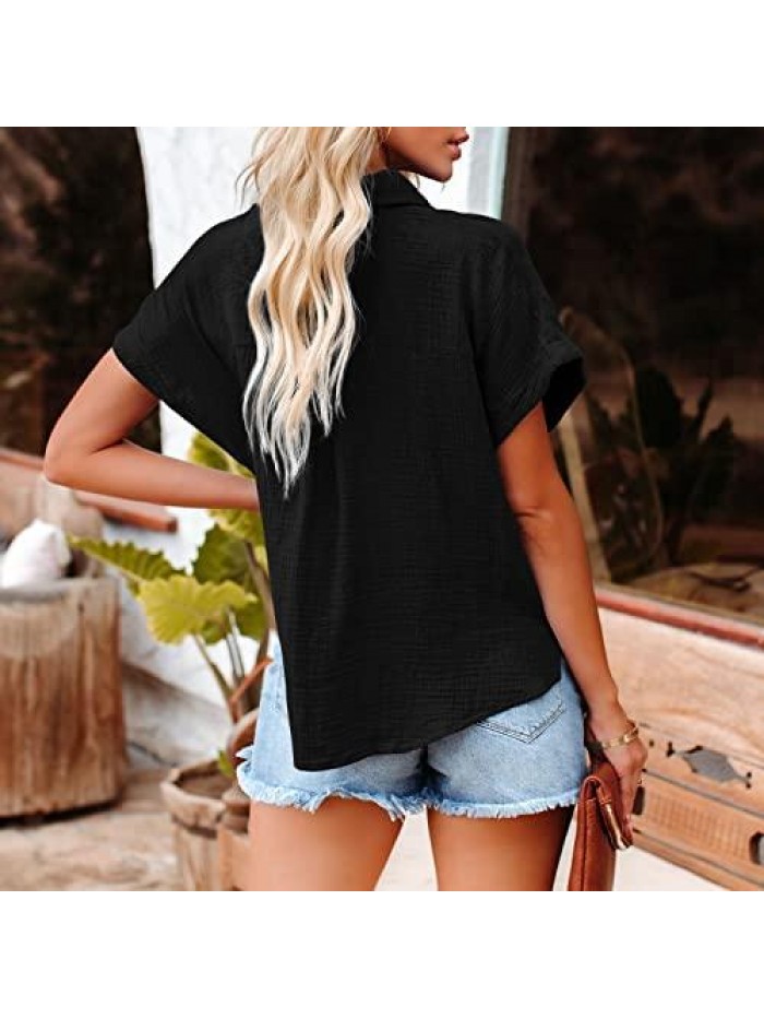 Women Short Sleeve Button Down Shirts Linen Casual Collar Blouses 