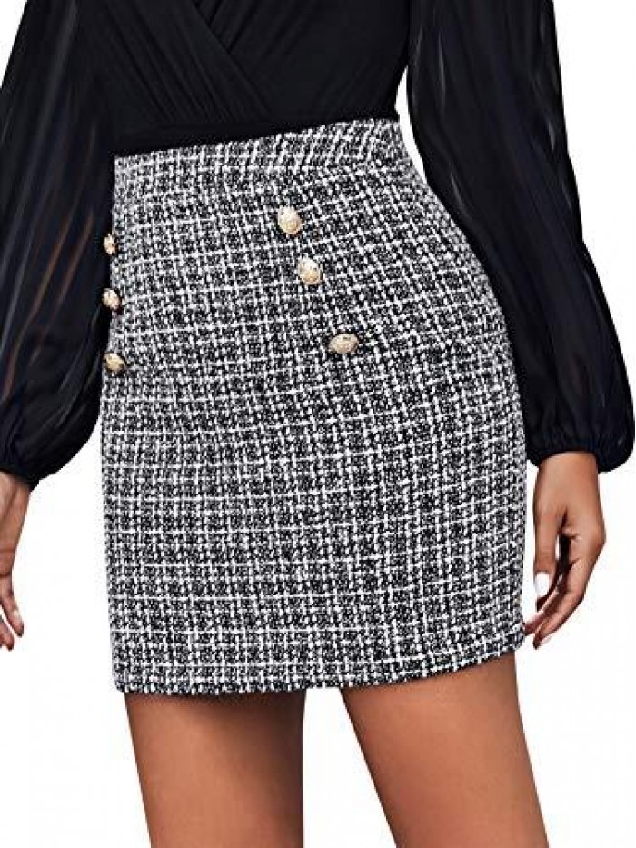 Women's Elegant High Waist A-line Plaid Tweed Mini Skirt 