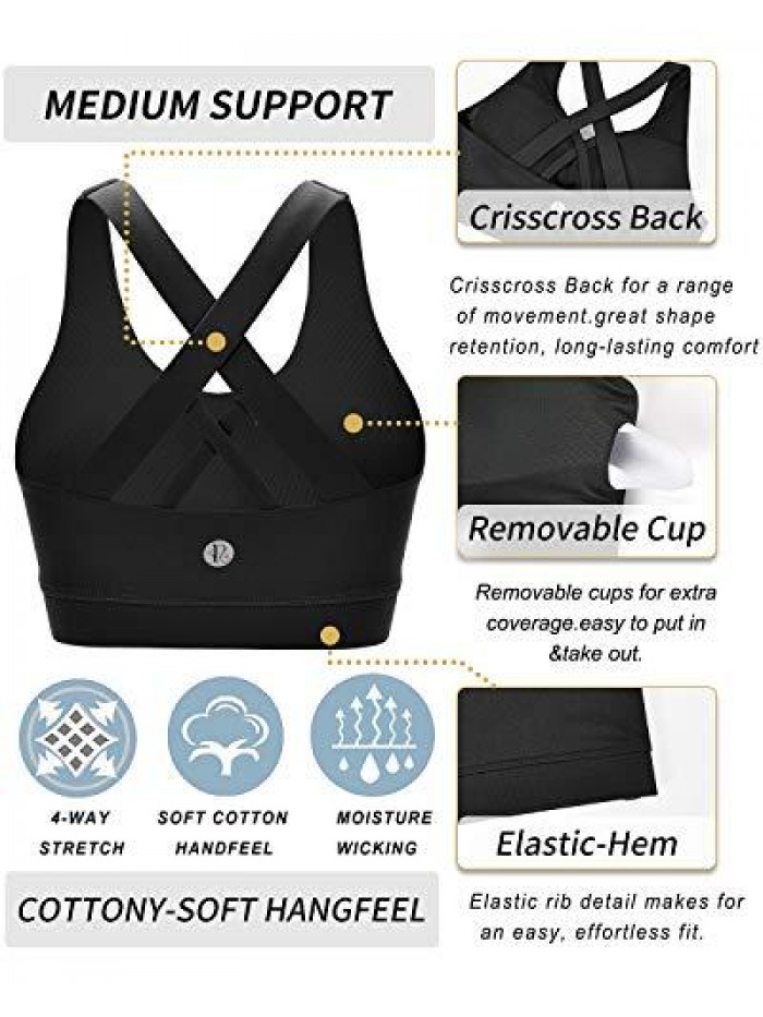 GIRL Sports Bra for Women, Criss-Cross Back Padded Strappy Sports Bras Medium Support Yoga Bra with Removable Cups 