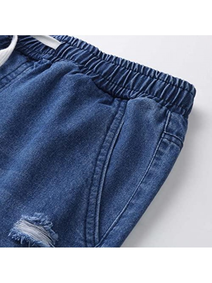 Women's Casual Elastic Waist Comfy Cotton Beach Shorts with Drawstring High Waisted Ripped Denim Jeans Shorts 