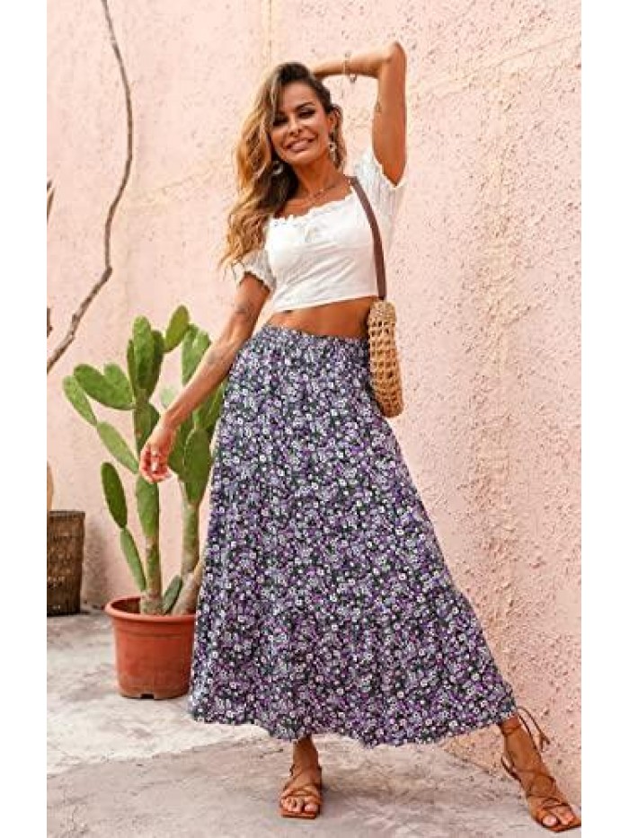 Summer Women's High Waist Floral Print Pleated Maxi Skirt Casual Flowy Swing A Line Chiffon Long Skirts 