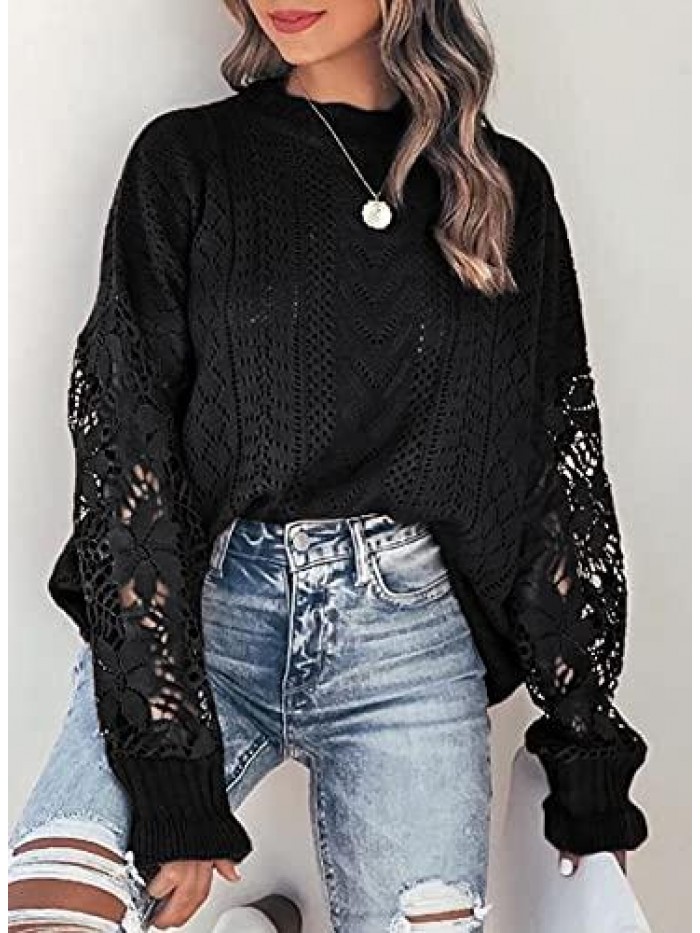 Women Lace Crochet Long Sleeve Crewneck Sweaters Winter Knit Pullover Jumper Tops 