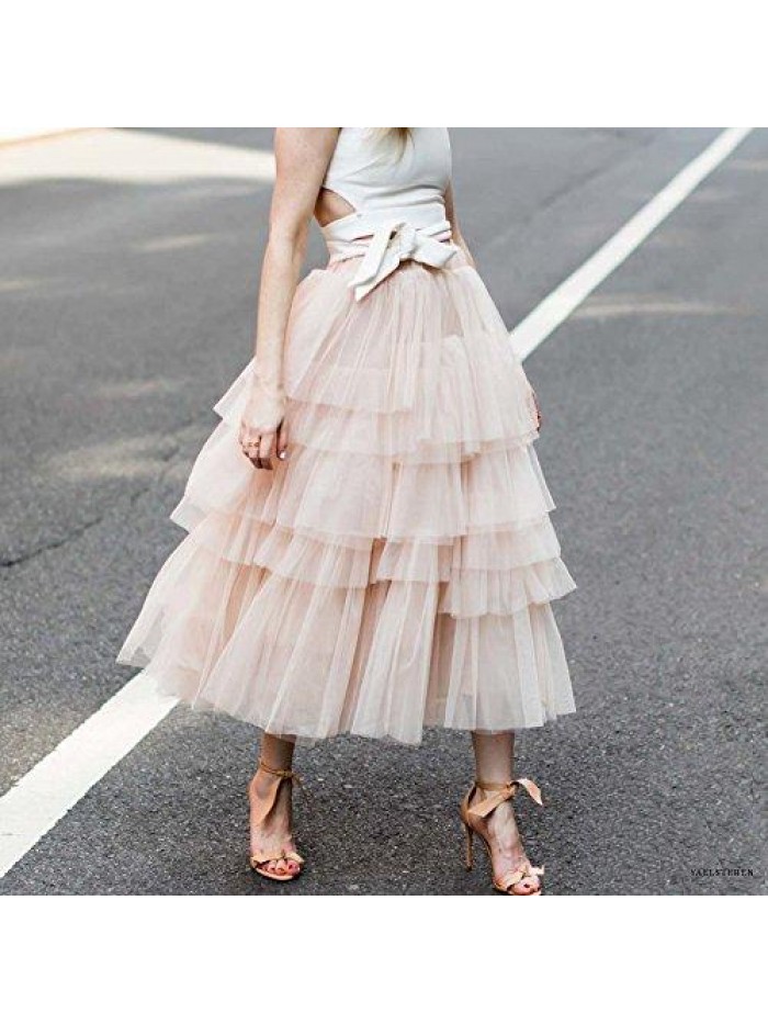 Women's Nude Pink/Black Tiered Layered Mesh Ballet Prom Party Tulle Tutu A-line Midi Skirt 