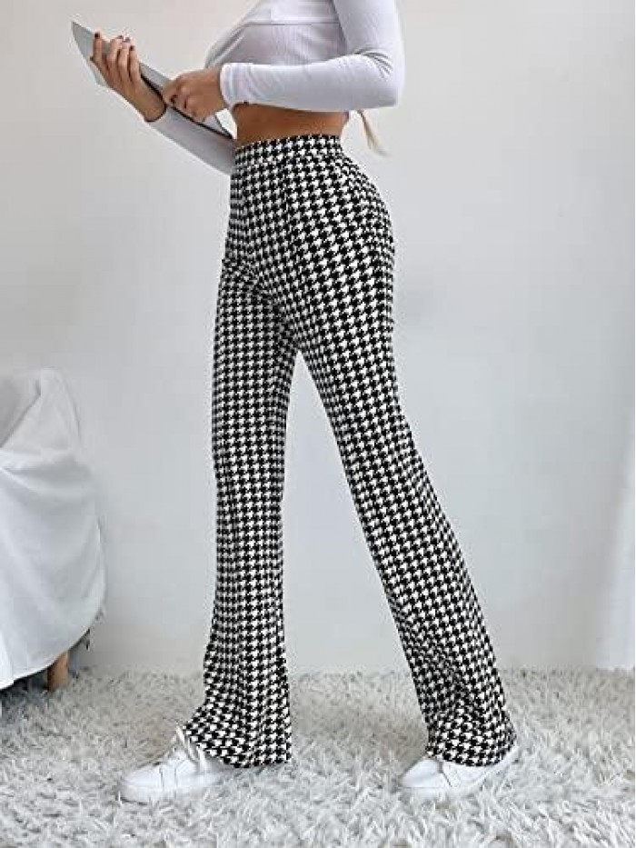 Women's Elastic High Waist Flare Pants Houndstooth Print Wide Leg Long Trousers 