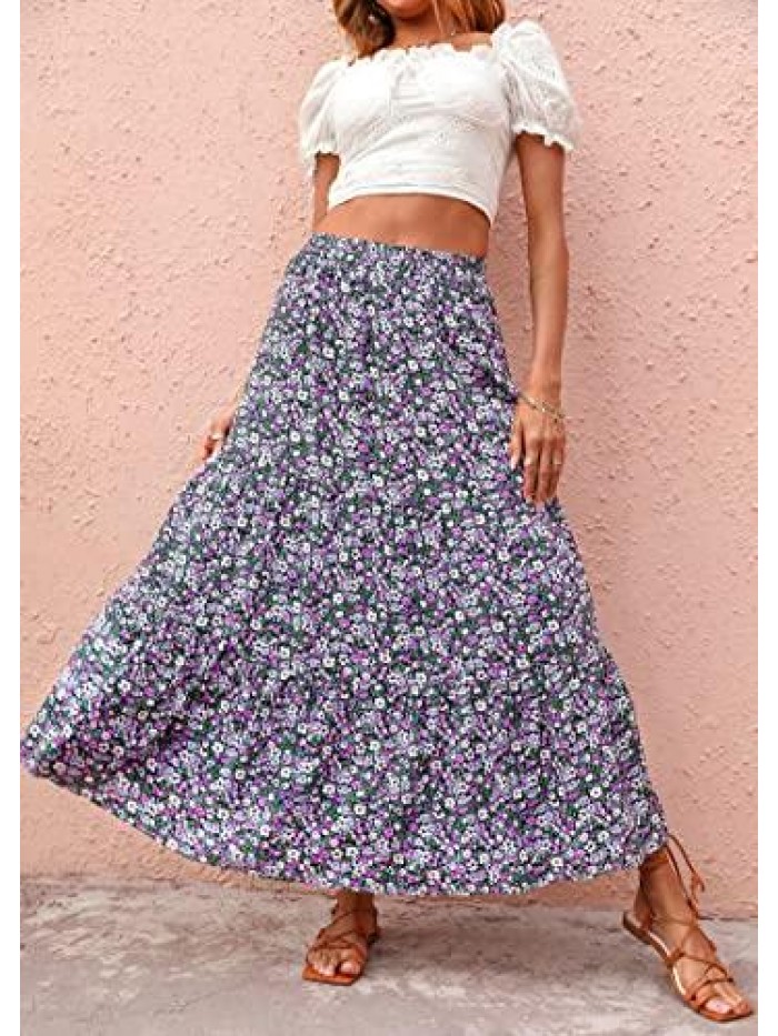 Summer Women's High Waist Floral Print Pleated Maxi Skirt Casual Flowy Swing A Line Chiffon Long Skirts 