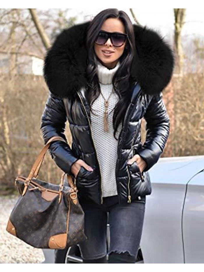 Women's Winter Thicken Coat Lightweight Short Down Jacket Quilted Parka with Fur Hood 